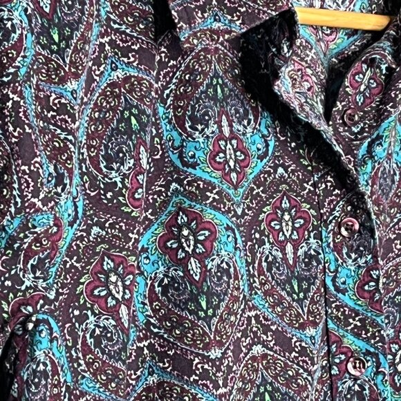 Chadwicks Paisley Long Sleeve Button Down Blouse Size 18 Teal Purple Stretch - Picture 5 of 11